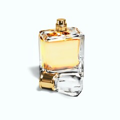 Elegant transparent perfume bottle on desk