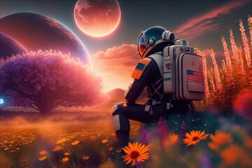 a lonely astronaut sitting in a field of flowers, generative ai art - obrazy, fototapety, plakaty