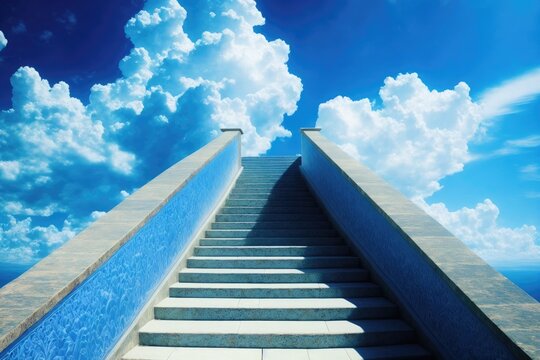 a stairway leading up into a bright blue sky, dream heavenly clouds, generative ai