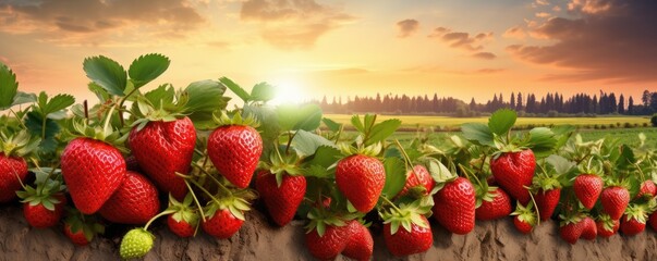 Red fresh strawberries in a row grow in the field, sunset light banner panorama. Generative Ai.