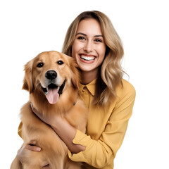 Portrait of a smiling happy young professional American woman holding a Labrador Retriever Golden Retriever dog isolated on a white background as a transparent PNG woman with a dog