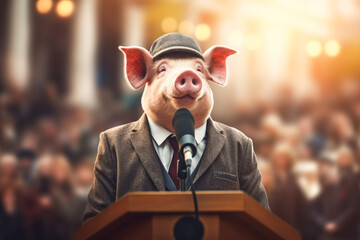 Politician liar as a pig gives people impossible promises speaking from the tribune. Generative AI - 653787147