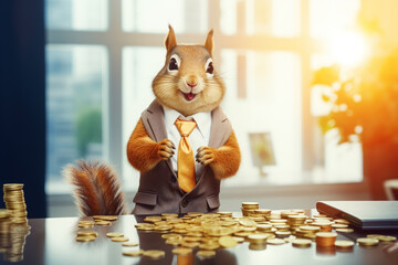 Smiling squirrel as a businessman who knows how to earn money and make savings. Golden coins on the office table. Generative AI - obrazy, fototapety, plakaty