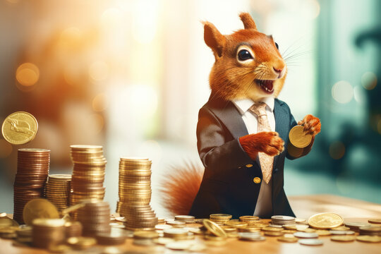 Smiling squirrel as a rich investor. In a suit as businessman. He can advice how to invest savings. Golden coins on a table. Generative AI
