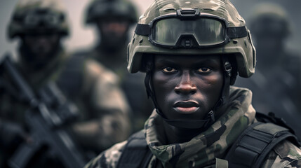 Black military man in military uniform and helmet