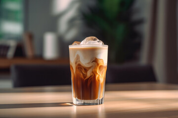 Latte coffee or iced coffee with milk in a tall glass with straw on the table. - obrazy, fototapety, plakaty