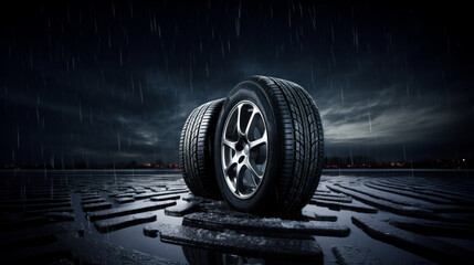 new car tires The rainy road is filled with water and ice in winter. Displayed with new tires against the backdrop of a rain-covered winter city street. - obrazy, fototapety, plakaty