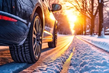 Fotobehang Closeup of one brand new car tire on a snowy winter road displayed against the backdrop of a snowy winter city road. © เลิศลักษณ์ ทิพชัย