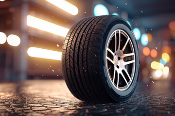 new car tires The rainy road is filled with water and ice in winter. Displayed with new tires against the backdrop of a rain-covered winter city street. - obrazy, fototapety, plakaty