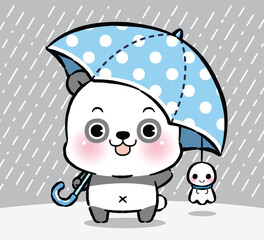 Cute Cartoon Panda with an Umbrella for a Walk in Rain. Teru Teru Bozu, Japanese rain doll.
