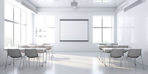 frontal view empty clean classroom with white board.