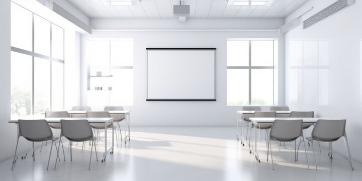 frontal view empty clean classroom with white board.