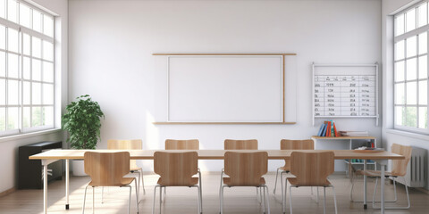 frontal view empty clean classroom with white board.