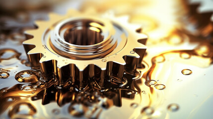 Engine gears filled with engine oil Close-up of parts of engine gear in golden yellow engine oil. - obrazy, fototapety, plakaty