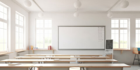 frontal view empty clean classroom with white board. - obrazy, fototapety, plakaty