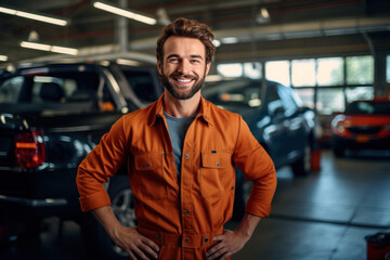 Portrait of a smiling auto mechanic in uniform. Standing at own car repair shop background Car repair and maintenance Male repairman smiling and looking at camera - obrazy, fototapety, plakaty