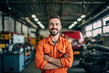 Obraz premium Portrait of a smiling auto mechanic in uniform. Standing at own car repair shop background Car repair and maintenance Male repairman smiling and looking at camera