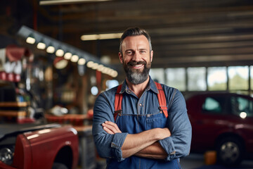 Obraz premium A car mechanic smiles happily in his uniform. Standing at own car repair shop background Car repair and maintenance Male repairman smiling and looking at camera