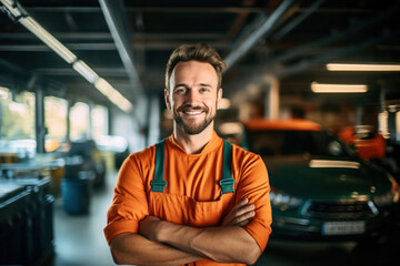 Portrait of a smiling auto mechanic in uniform. Standing at own car repair shop background Car repair and maintenance Male repairman smiling and looking at camera