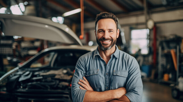 A car mechanic smiles happily in his uniform. Standing at own car repair shop background Car repair and maintenance Male repairman smiling and looking at camera