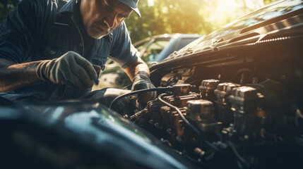 A technician or auto mechanic works in a car repair shop. Car maintenance service Checking the engine system and electrical system inside the car. - obrazy, fototapety, plakaty
