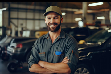A car mechanic smiles happily in his uniform. Standing at own car repair shop background Car repair and maintenance Male repairman smiling and looking at camera - obrazy, fototapety, plakaty