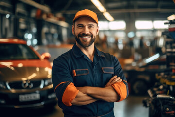 A car mechanic smiles happily in his uniform. Standing at own car repair shop background Car repair and maintenance Male repairman smiling and looking at camera - obrazy, fototapety, plakaty