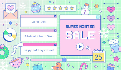 Y2K Winter Sale Banner Template in Retro Computer Style. Groovy 90s PC Window with Retro Christmas Vibes and Cute Snowman Designs!