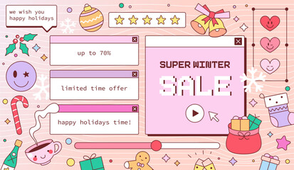 Winter Sale Y2K Banner. 90s Retro Vibe with Vintage Computer Screens and Groovy Colors! Cute Cartoon Christmas Decorations, Warm Chocolate Mood and Gifts Elements. Old Computer Vaporwave Design.