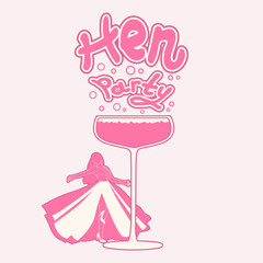 Hen party icon with bride and glass. Pink banner.