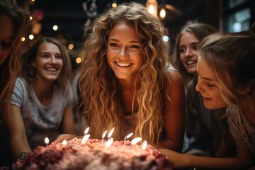 Obraz na płótnie Canvas Teenage girl celebrating birthday with friends with birthday cake A teenage girl is blowing out birthday candles with her friends.