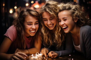 A teenage girl is celebrating a party with her friends with colorful lights at night and a teenage girl is having fun with her friends. - obrazy, fototapety, plakaty