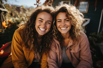 Fototapeta premium A teenage girl and two friends look at the camera and take a photo together against the morning sun.