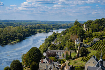 Scenic view of the town of Chinon and river Vienne from the fortress, Chinon, Indre-et-Loire, Centre-Val de Loire, France - obrazy, fototapety, plakaty