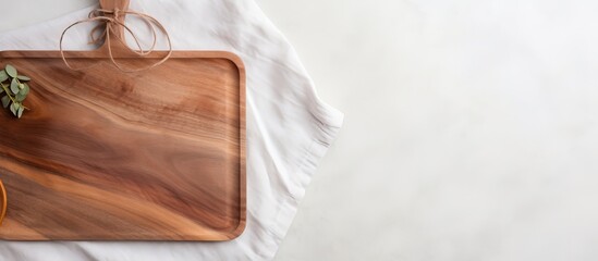 Naklejka premium Top down view of linen napkin on marble table with wooden cutting board and copy space