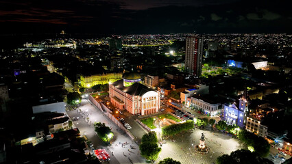 Night landscape cityscape of downtown Manaus Amazonas Brazil. Brazil Amazonian capital city. Travel destinations. Night landscape of cityscape downtown district. Manaus Amazonas Brazil.
