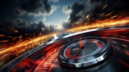 Speedometer scoring high speed in a fast motion blur racetrack background. Speeding Car Background Photo Concept. - obrazy, fototapety, plakaty