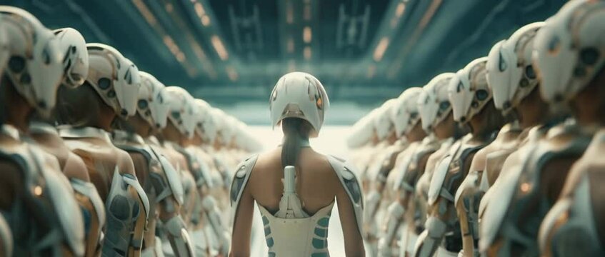 From behind medium shot of female wearing helmet and futuristic outfit standing in front of line of solders. High quality 4K