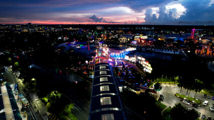 Sunset at downtown Orlando Florida United States. Sunset aerial view of scenic amusement park and...