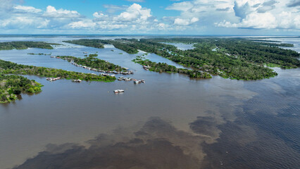 Amazon River at Amazon Rainforest. The biggest tropical rainforest of world. Manaus Brazil. Amazonia ecosystem. Nature wild life landscape. Global warming emissions reduction. Amazon river wild life. - obrazy, fototapety, plakaty