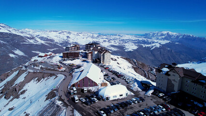 Panoramic view of Ski station centre resort at snowy Andes Mountains near Santiago Chile. Snow...