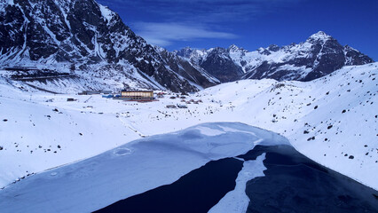 Panoramic view of Ski station centre resort at snowy Andes Mountains near Santiago Chile. Snow...