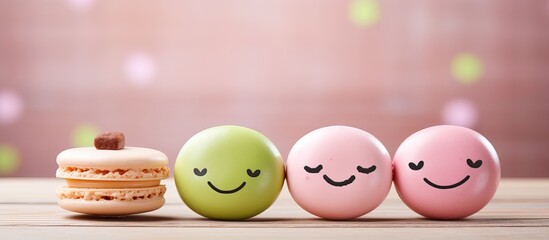Happy green macaron emoticon on sweet pink background for customer reviews feedback ratings rankings on food service or product reflecting mental health concept