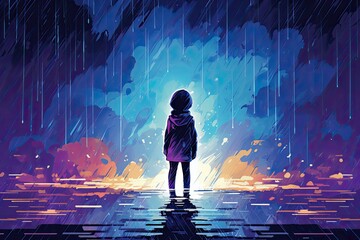 lonely child stand in rain illustration