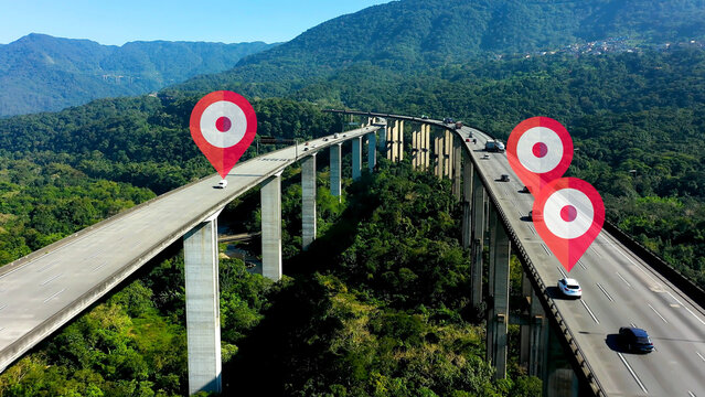 Aerial cityscape of smart city with futuristic GPS location marker icon. Smart city innovation. Connection and social media. Data analysis. Cyber technology. Cloud computing. GPS marker icon. - Powered by Adobe