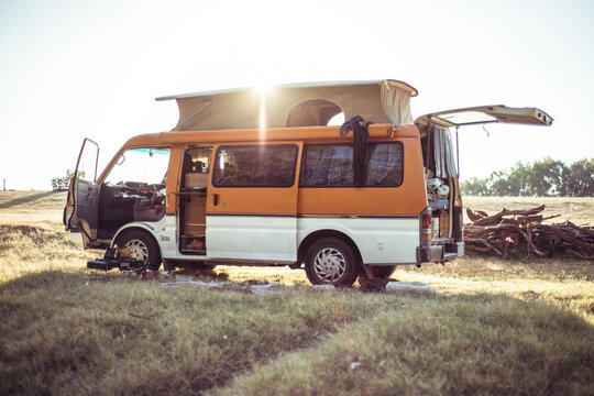 Camping van with doors and boot open with soft top