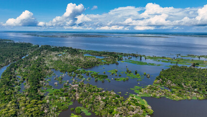 Floating restaurants of Amazon River at Amazon Forest. Manaus Brazil. Nature wild life landscape. Green background. Forest trees at Amazonas state. Tourism attraction. Travel destination.