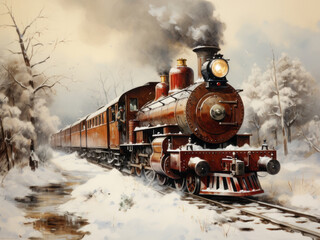 Christmas retro Locomotive train on a winter snowy nature background. Holiday postcard. Merry christmas and happy new year concept - obrazy, fototapety, plakaty