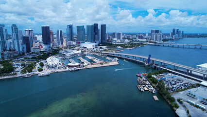 Cityscape Miami Florida United States. Aerial landscape of stunning buildings and traffic at...