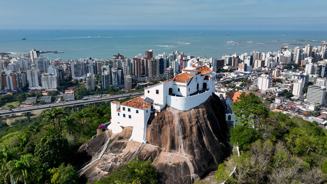 Aerial landscape of famous Penha Convent Church postcard of Vila Velha Vitoria state of Espirito Santo Brazil. Postcard scenery of Vitoria Espirito Santo. Aerial church religion scenery.
